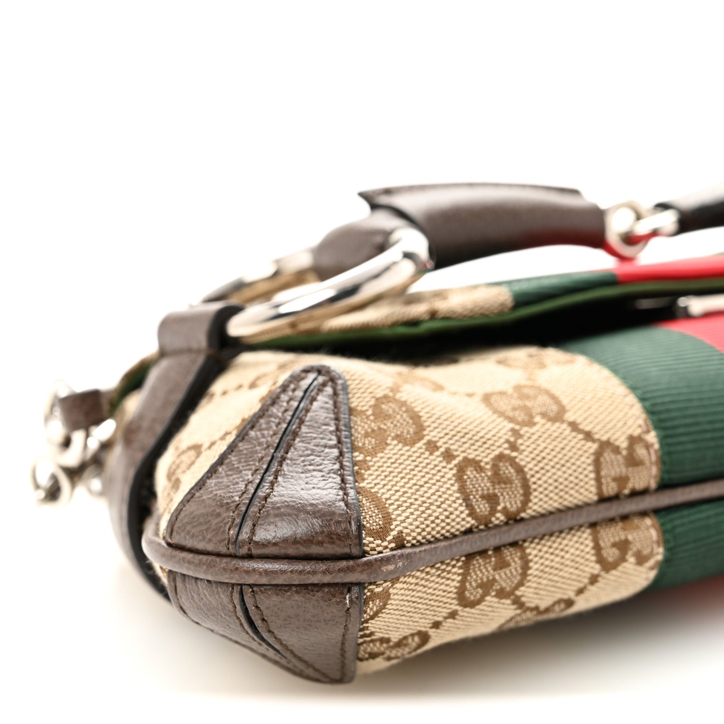 Monogram Textured Dollar Calfskin Heavy Grosgrain Web Small Maxi Horsebit Chain Shoulder Bag Beige Ebony New Acero