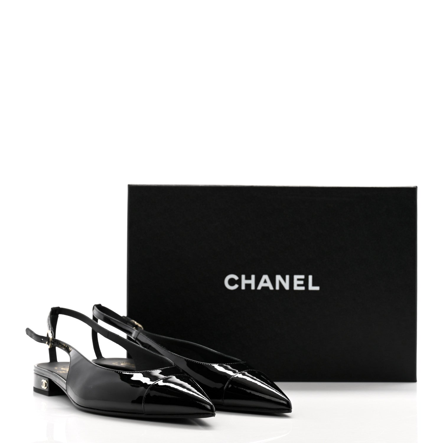 Chanel Patent Calfskin Cap Toe Slingback Flats 39 Black 9 of 9