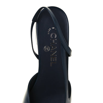 Chanel Goatskin Grosgrain Cap Toe CC Slingback Sandals 39 Navy Black 7 of 9
