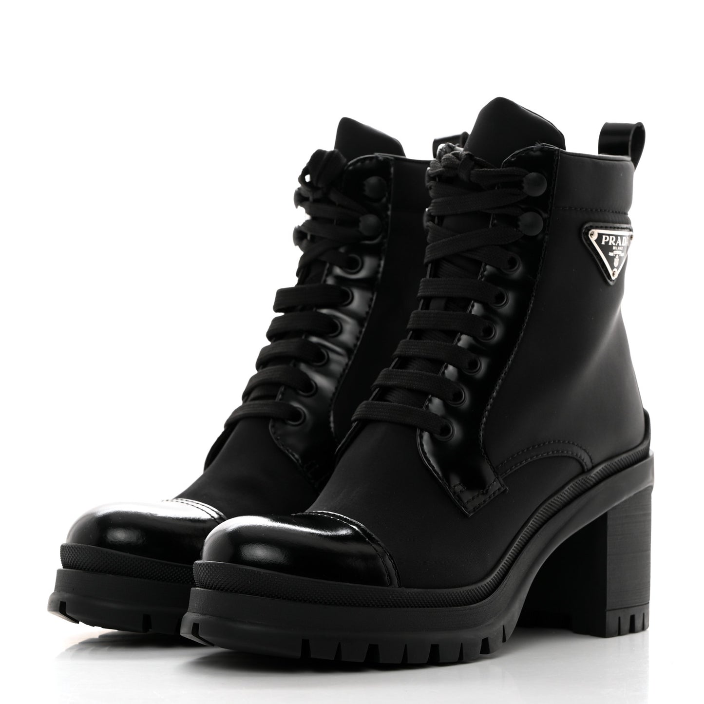 Spazzolato Re-Nylon Metal Triangle Logo Lace Up 55mm Ankle Boots 37 Black