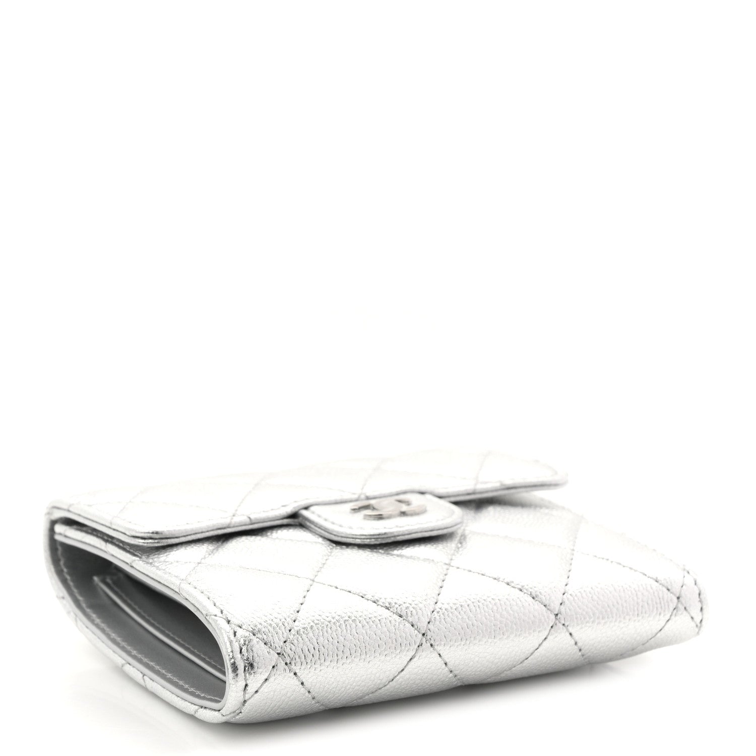 Chanel Metallic Caviar Quilted Compact Flap Wallet Silver 1842146