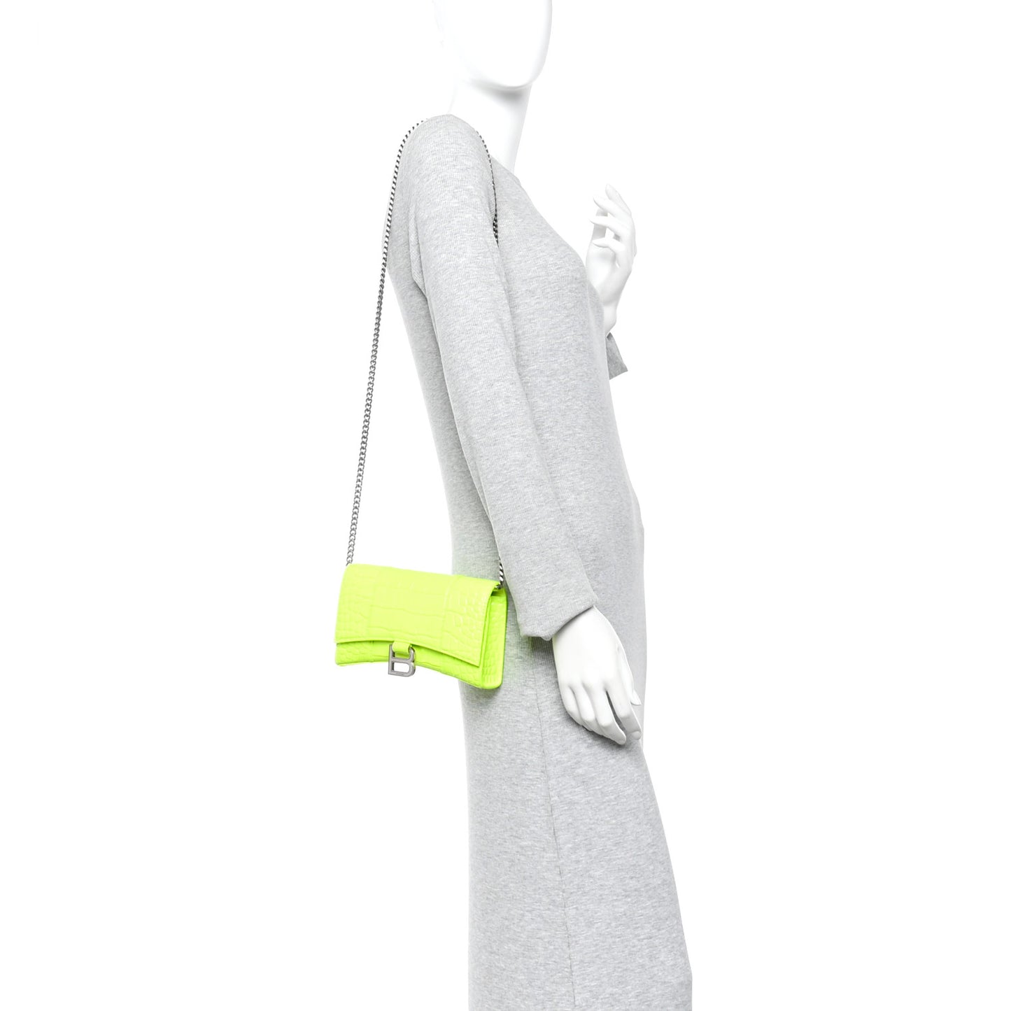Shiny Calfskin Crocodile Embossed Hourglass Chain Bag Fluo Yellow