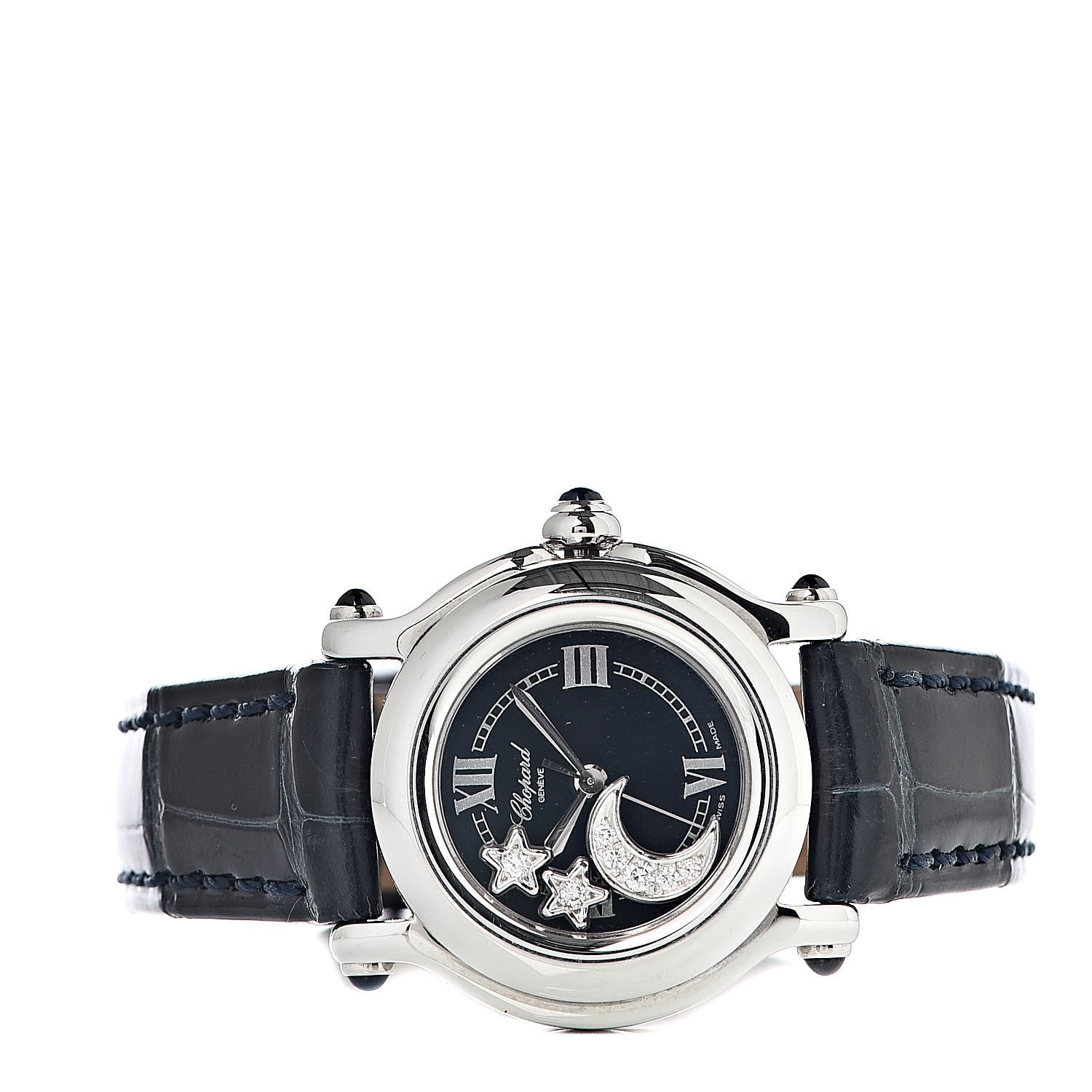 Chopard Stainless Steel Alligator Diamond 26mm Happy Sport Moon Star Quartz Watch Black 3 of 8
