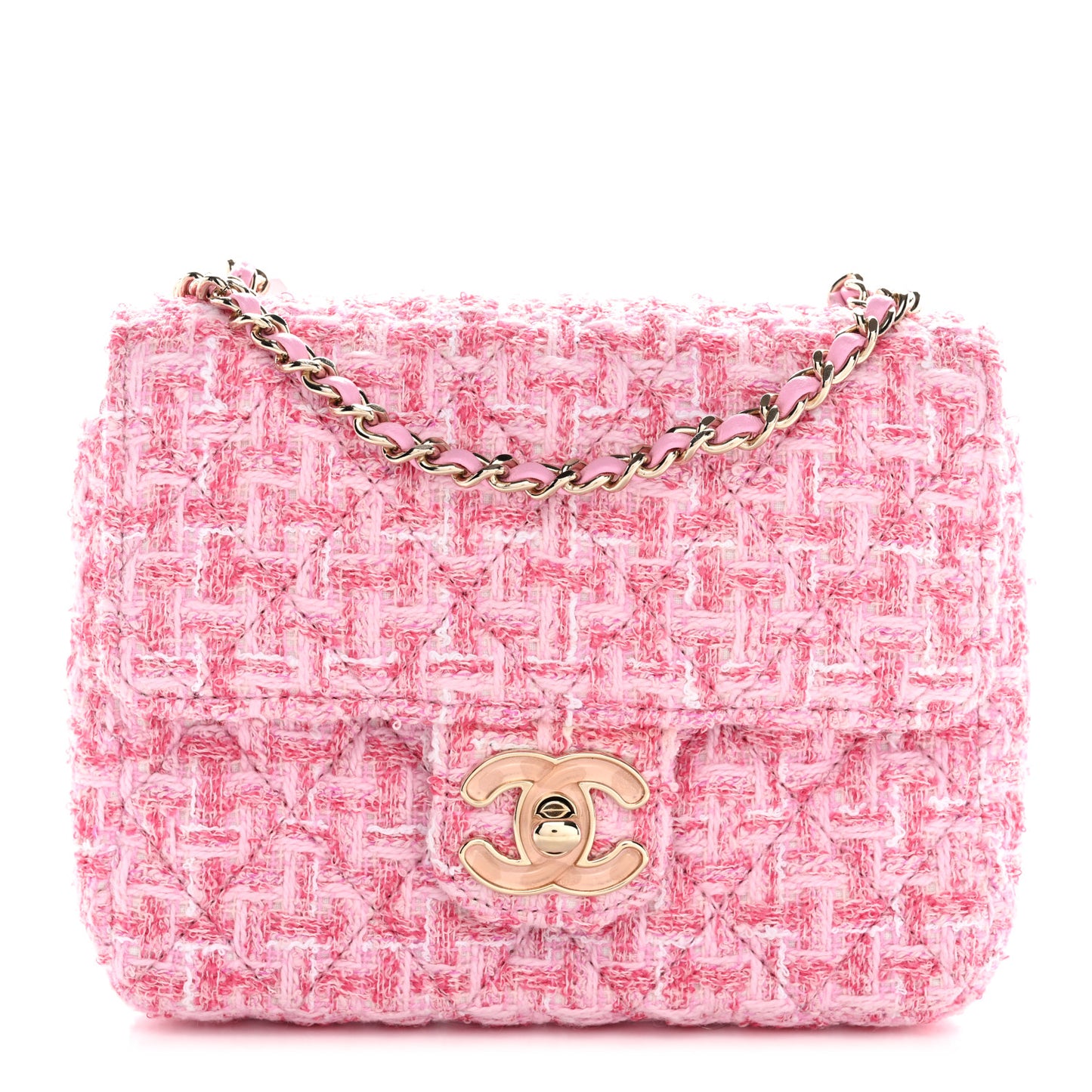 Tweed Resin Quilted Mini Heart Square Flap Pink White