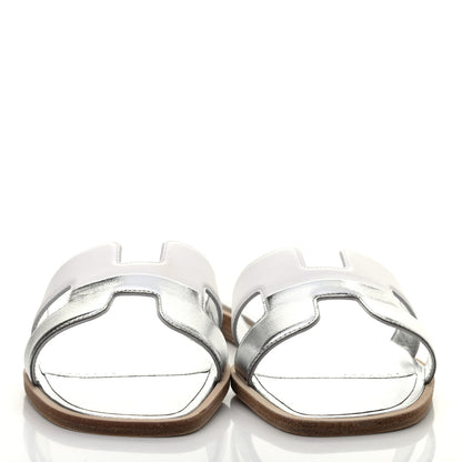 Hermes Metallic Nappa Box Oran Sandals 37 White Gris Argente 2 of 6