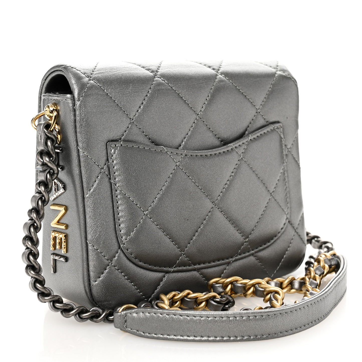Metallic Lambskin Quilted Mini Side Note Flap Grey