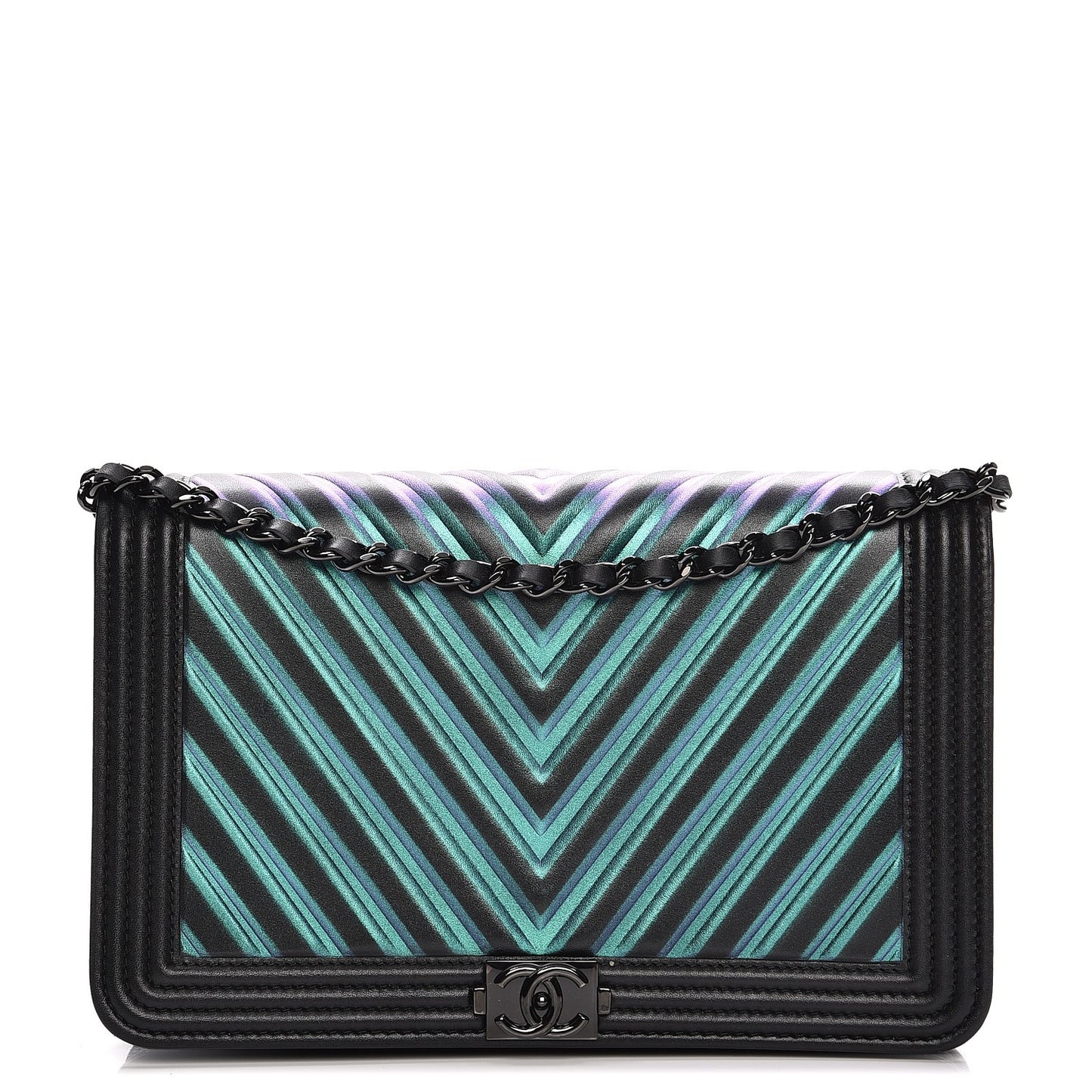 Calfskin Painted Chevron Embossed Boy Wallet On Chain WOC Black