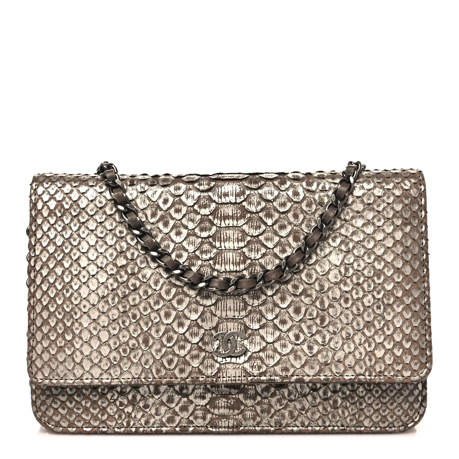 Chanel Snakeskin Wallet On Chain WOC Brown Silver 1 of 11