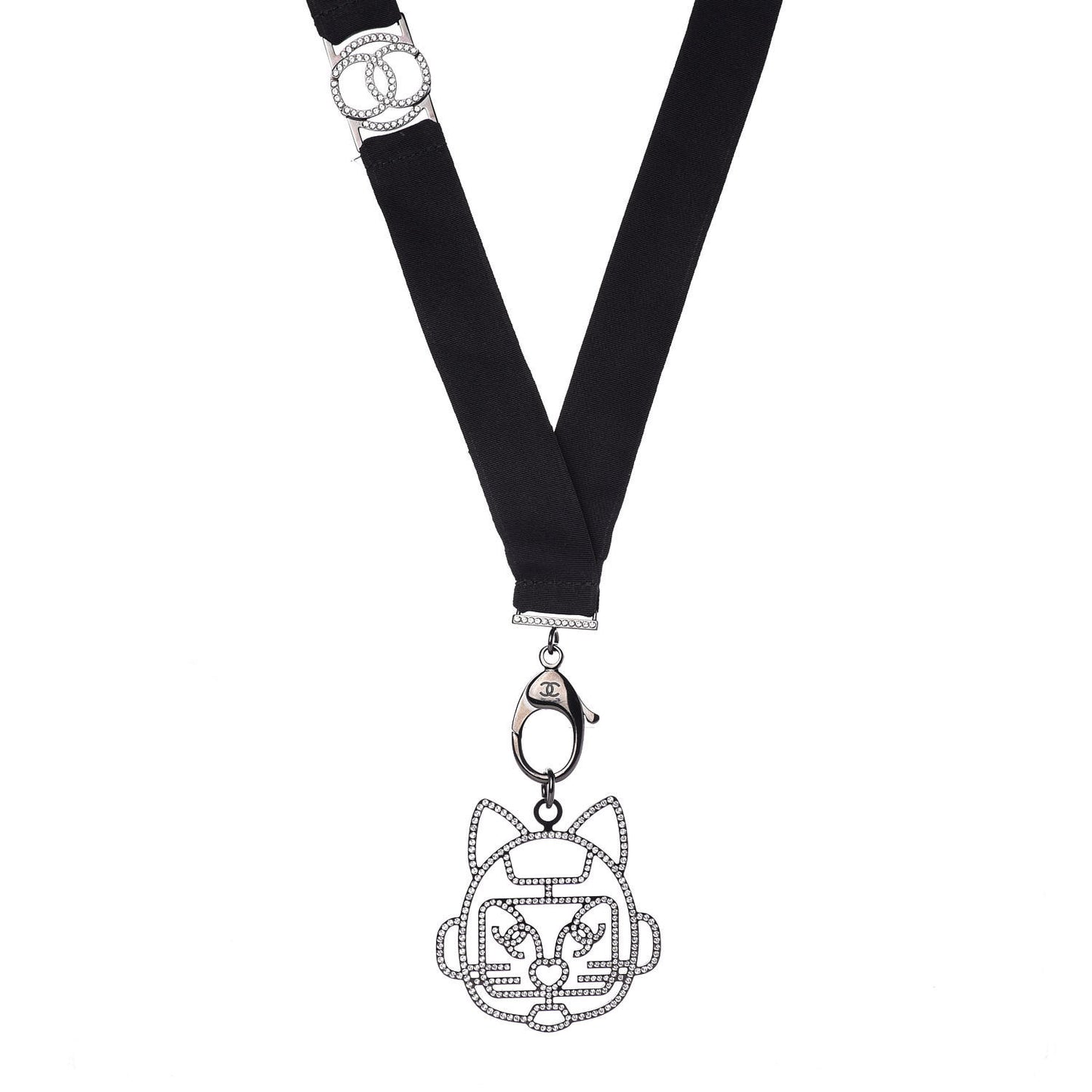 Crystal CC Emoji Robot Cat Lanyard Necklace Black Silver