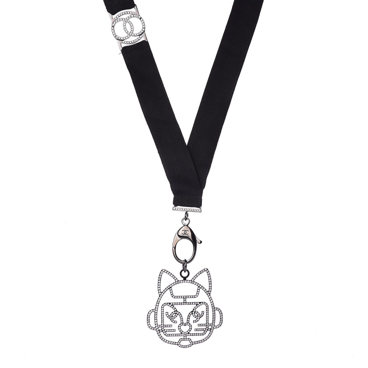 Chanel Crystal CC Emoji Robot Cat Lanyard Necklace Black Silver 1 of 6