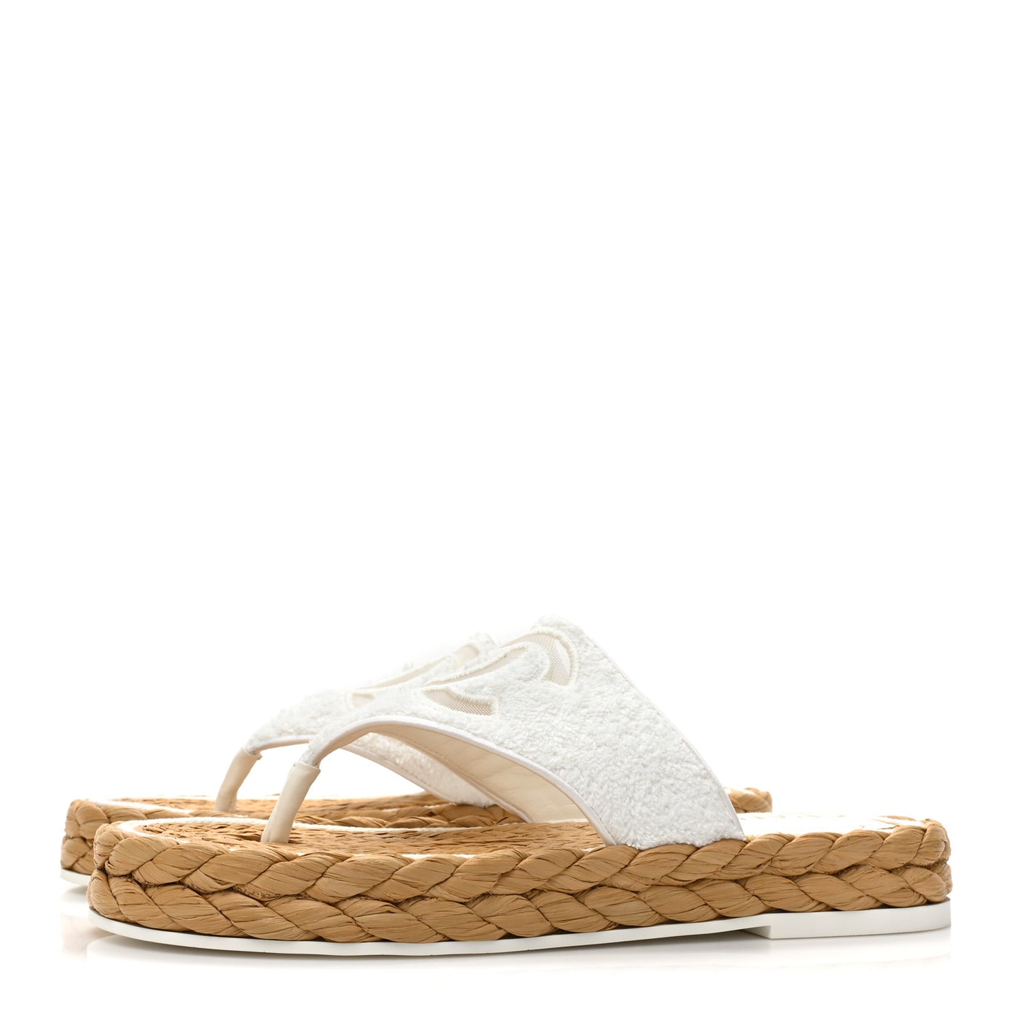 Terry Cloth Raffia CC Logo Thong Sandals 38 White