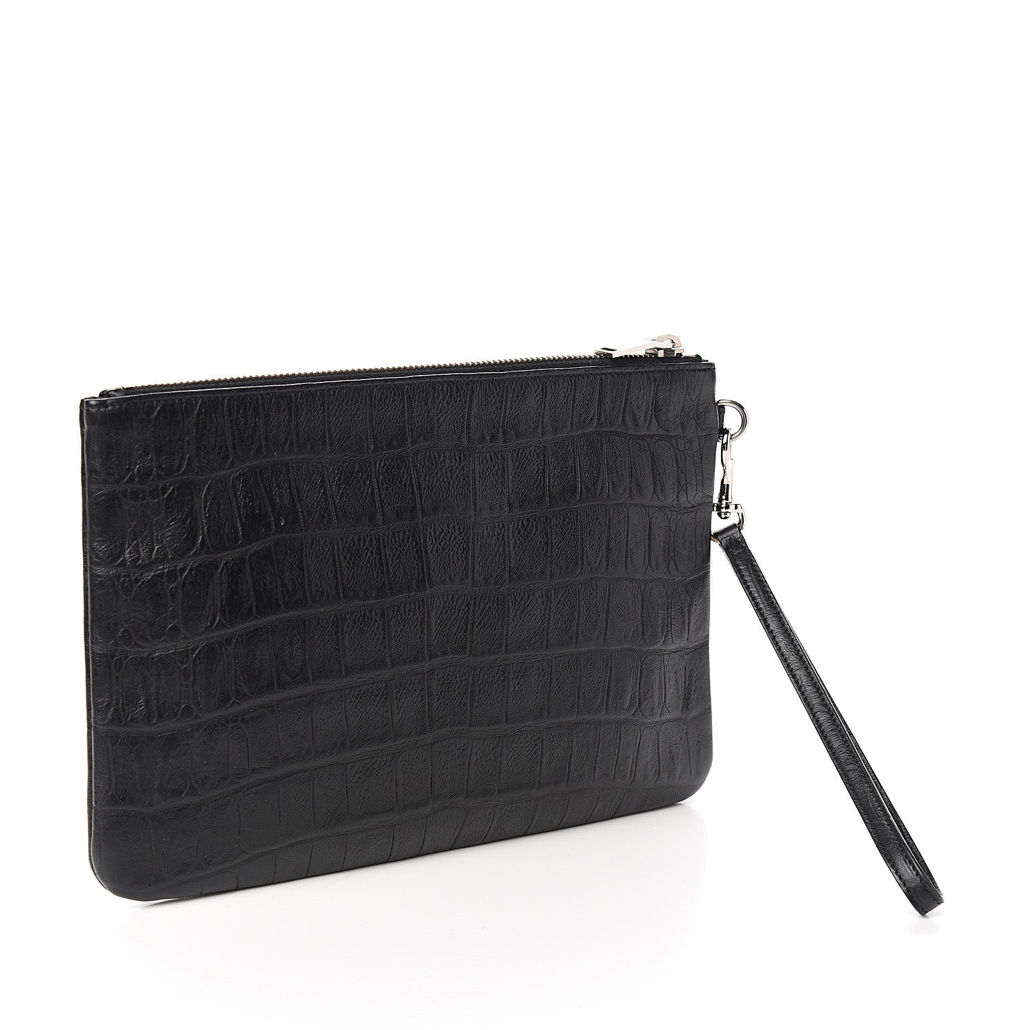 Saint Laurent Calfskin Crocodile Embossed Monogram Zip Pouch Black 2 of 8