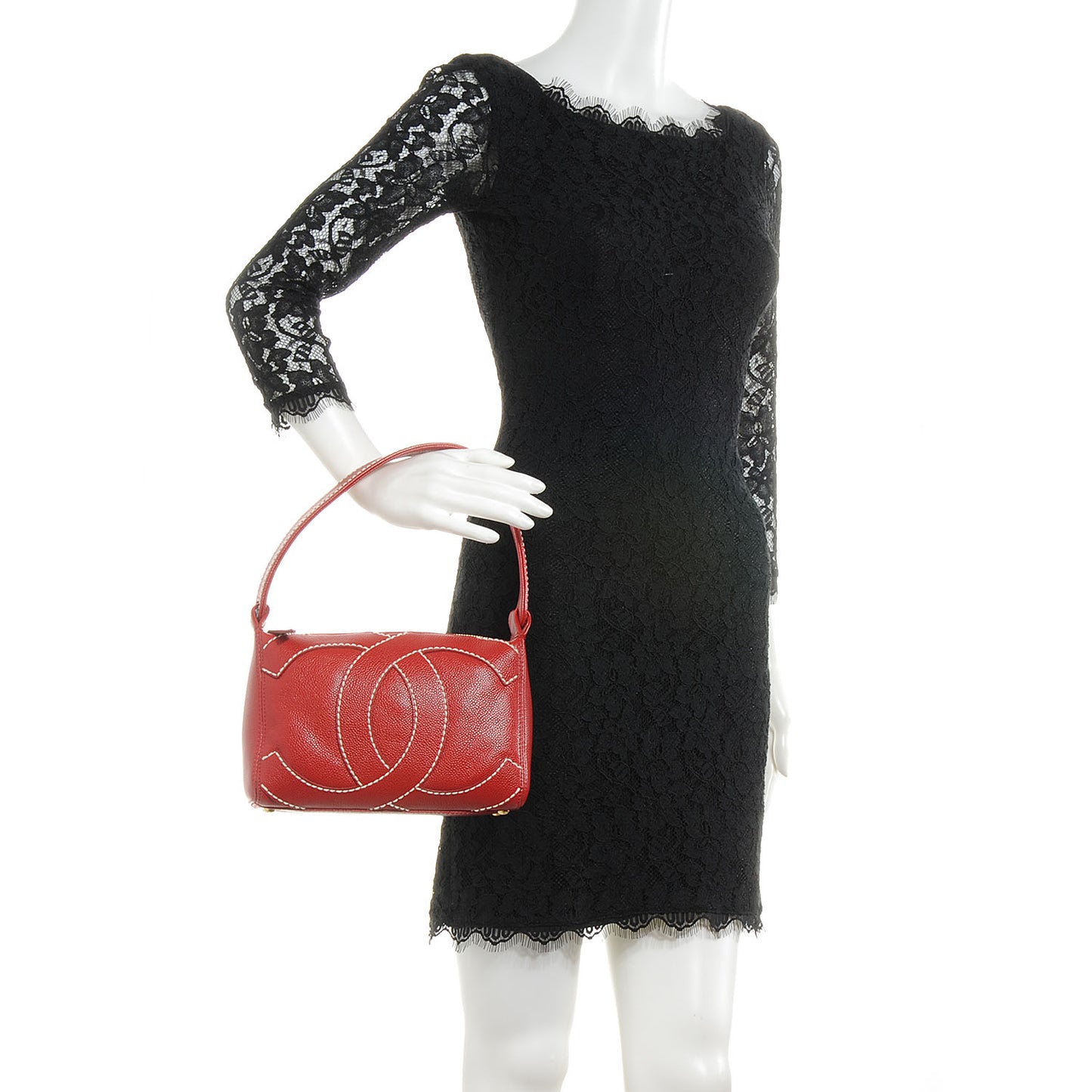 Caviar CC Stitched Small Shoulder Bag Red