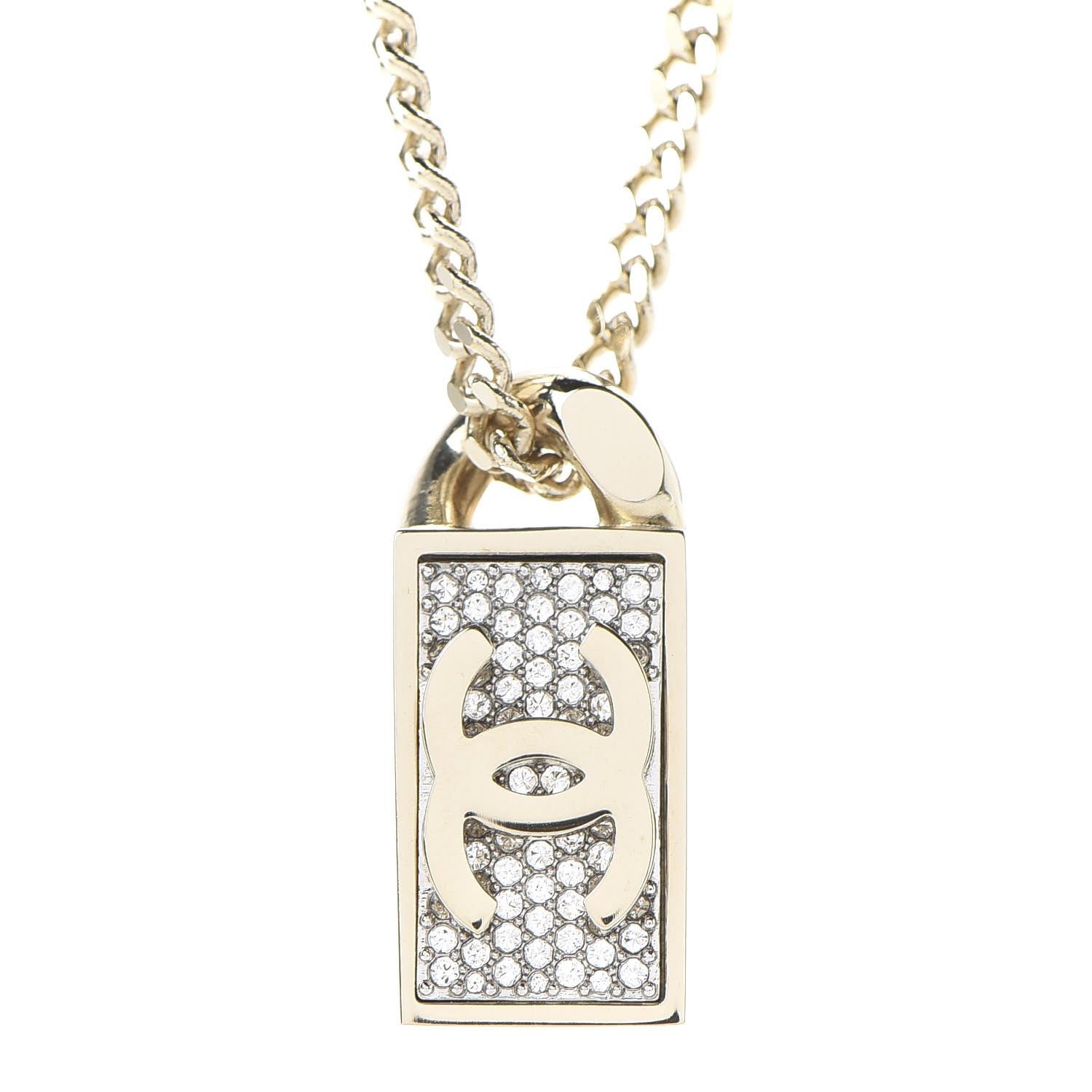 Chanel Crystal Dog Tag Charm Necklace Gold 4 of 7