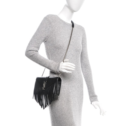 Saint Laurent Calfskin Fringe Small Monogram Satchel Black 2 of 6