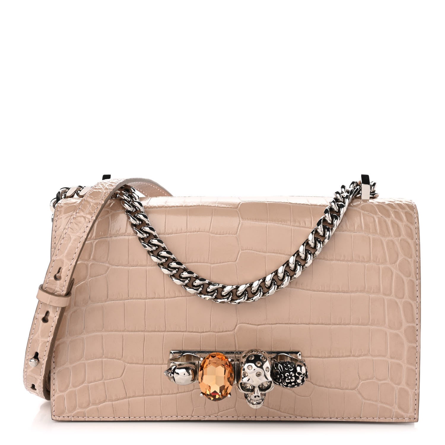 Alexander McQueen Shiny Crocodile Embossed Jeweled Satchel Sand 1 of 6