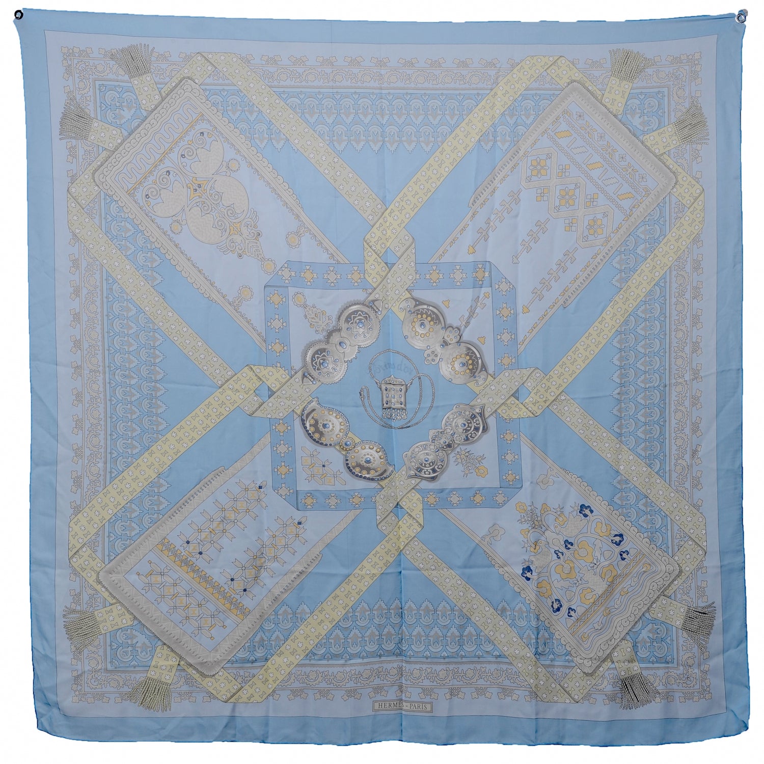 Hermes Silk Mousseline Brin D Or 140 Scarf Bleu 3 of 6