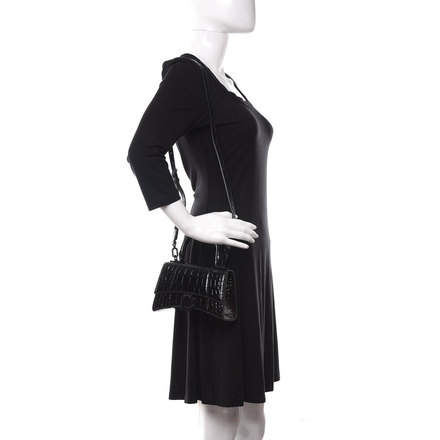 Shiny Calfskin Monochrome Crocodile Embossed Hourglass Top Handle Bag XS Black