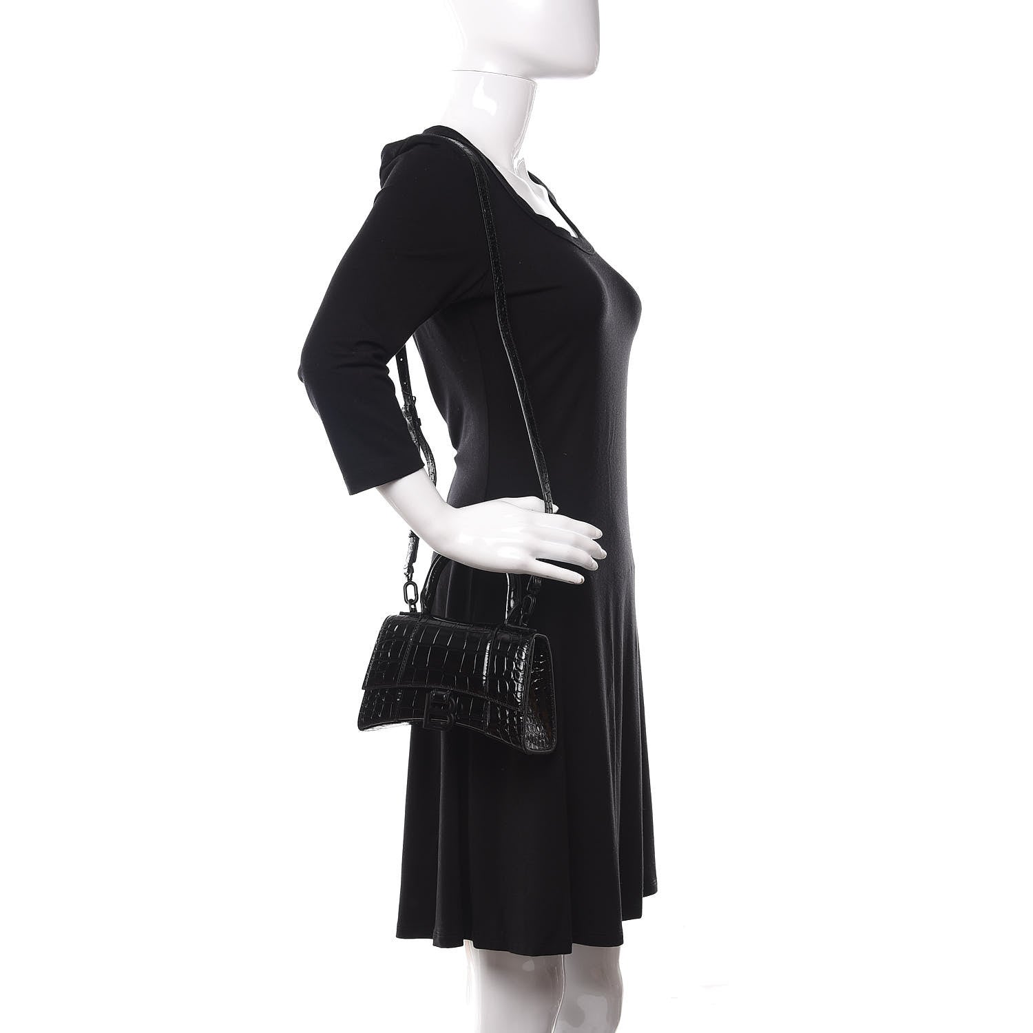 Balenciaga Shiny Calfskin Monochrome Crocodile Embossed Hourglass Top Handle Bag XS Black 2 of 9