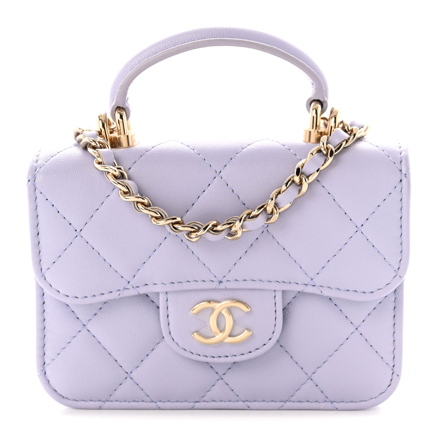Lambskin Quilted Top Handle Flap Coin Purse With Chain Light Purple