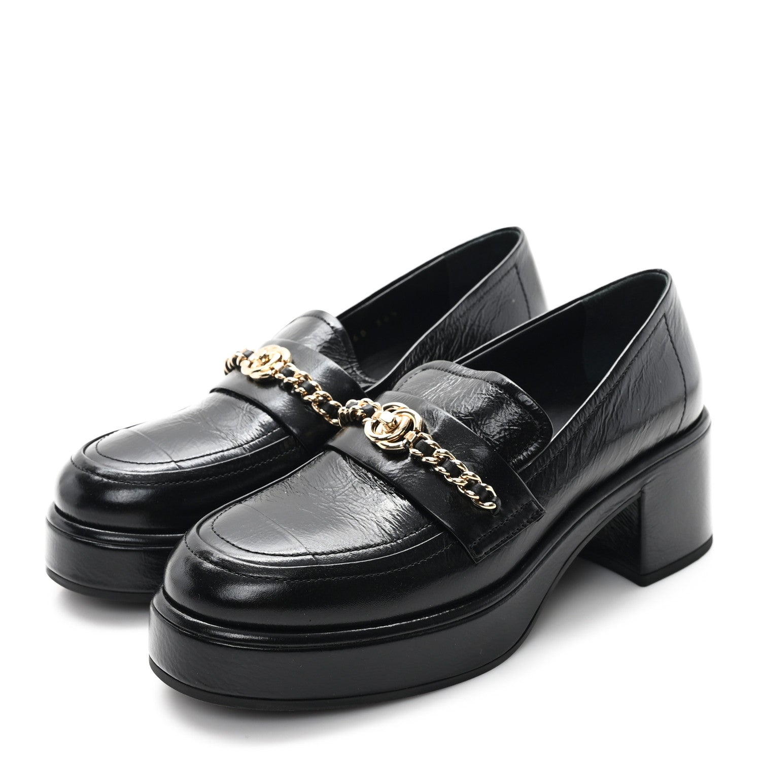 Chanel Shiny Calfskin Logo Loafers 36.5 Black 4 of 9