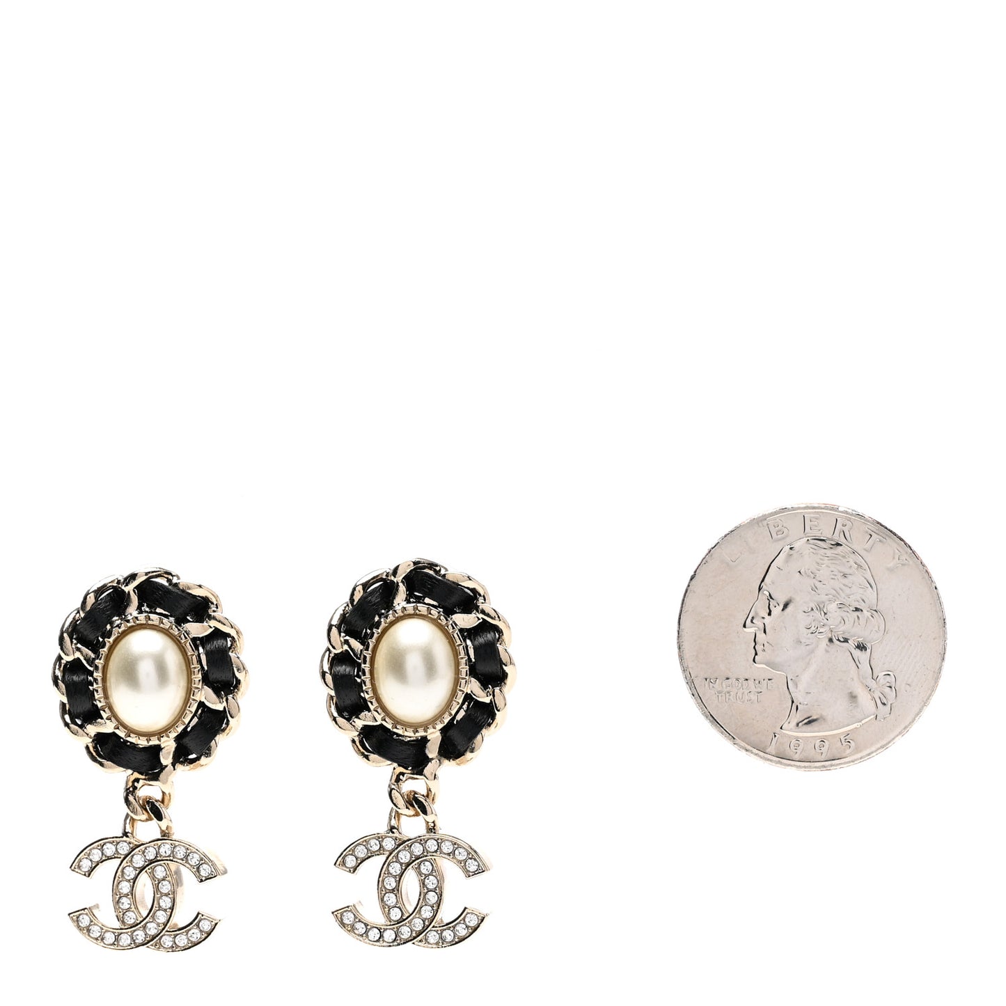 Pearl Lambskin Crystal CC Drop Earrings Gold White Black Gold White Black