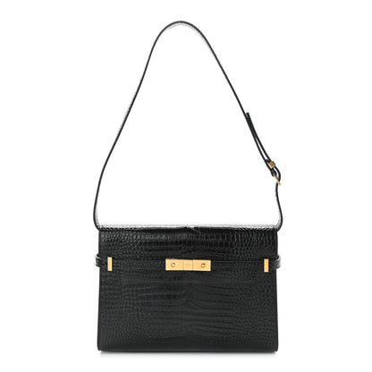 Saint Laurent Shiny Calfskin Crocodile Embossed Manhattan Baguette Black 1 of 9