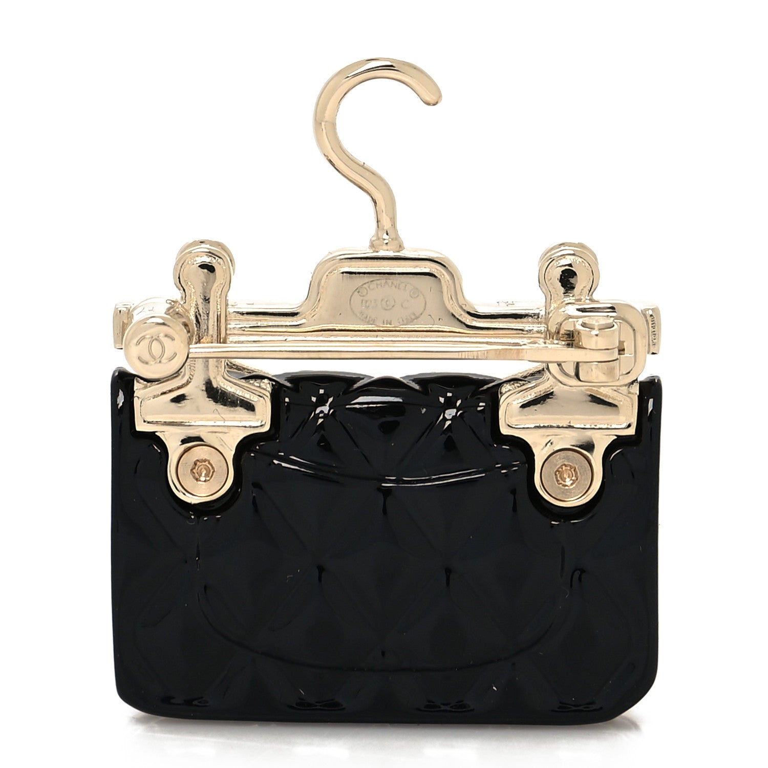 Chanel Metal Enamel Quilted Flap Hanger Brooch Gold Black 3 of 4