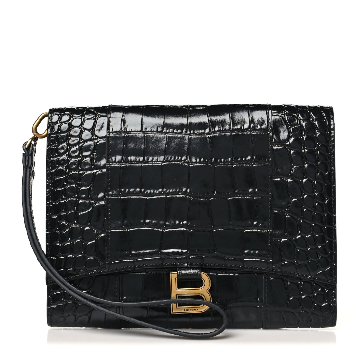 Shiny Calfskin Crocodile Embossed Hourglass Gusset Pouch Black
