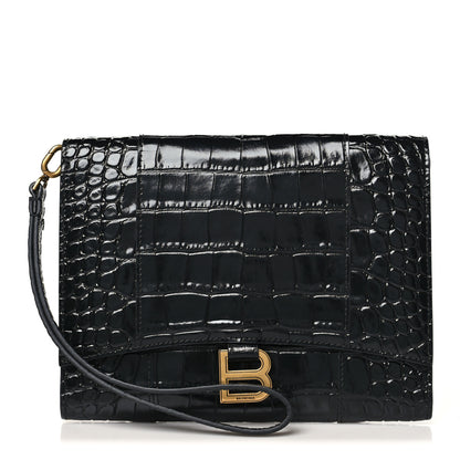 Balenciaga Shiny Calfskin Crocodile Embossed Hourglass Gusset Pouch Black 1 of 10