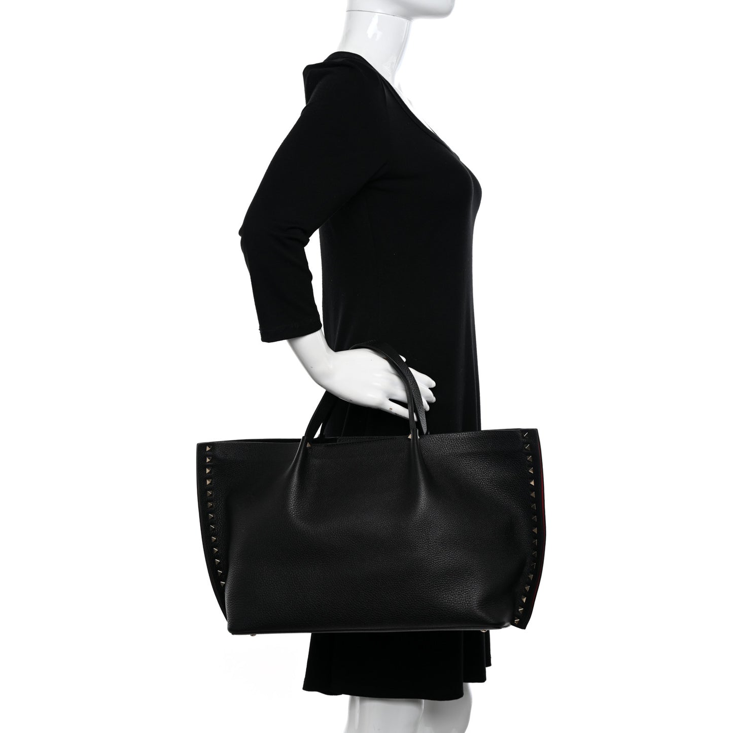 Grained Calfskin Rockstud Shoulder Tote Black
