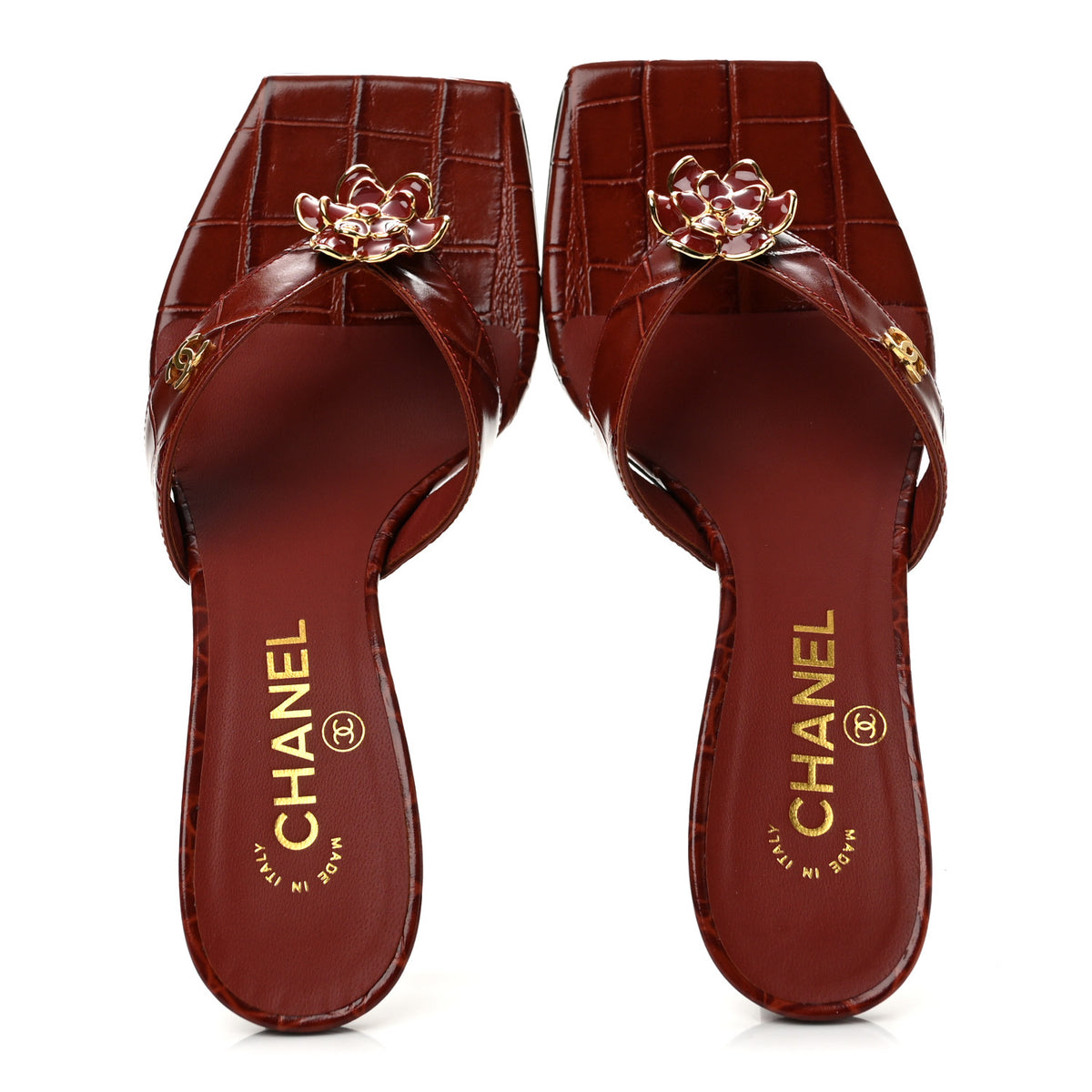 Chanel Crocodile Embossed Patent Calfskin Camellia Thong Sandals 38 Dark Red 2 of 10