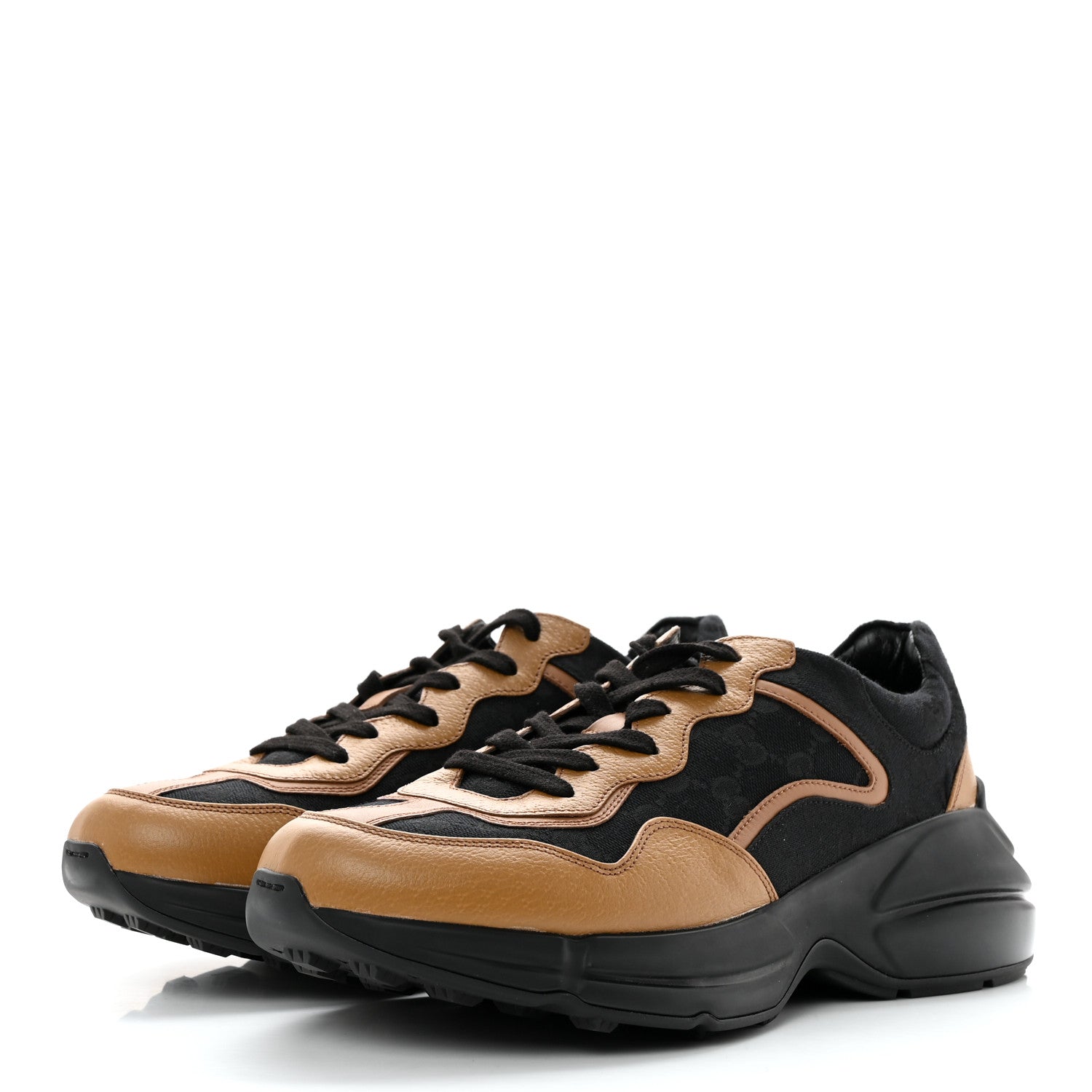Gucci Monogram Textured Dollar Calfskin Mens Rhyton Sneakers 9 Black Khaki Beige 3 of 10