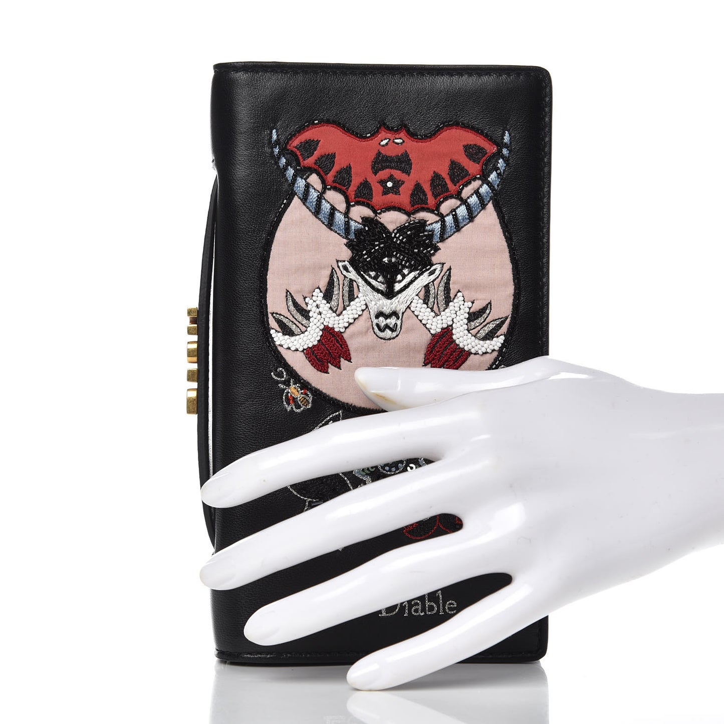 Lambskin Embroidered Le Diable Tarot Pouch Clutch Black