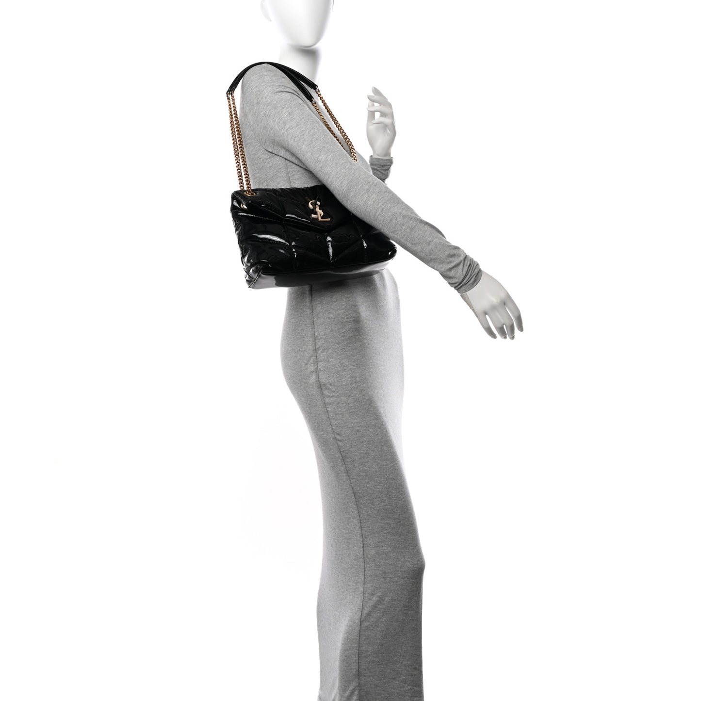 Patent Quilted Small Loulou Puffer Monogram Chain Satchel Black