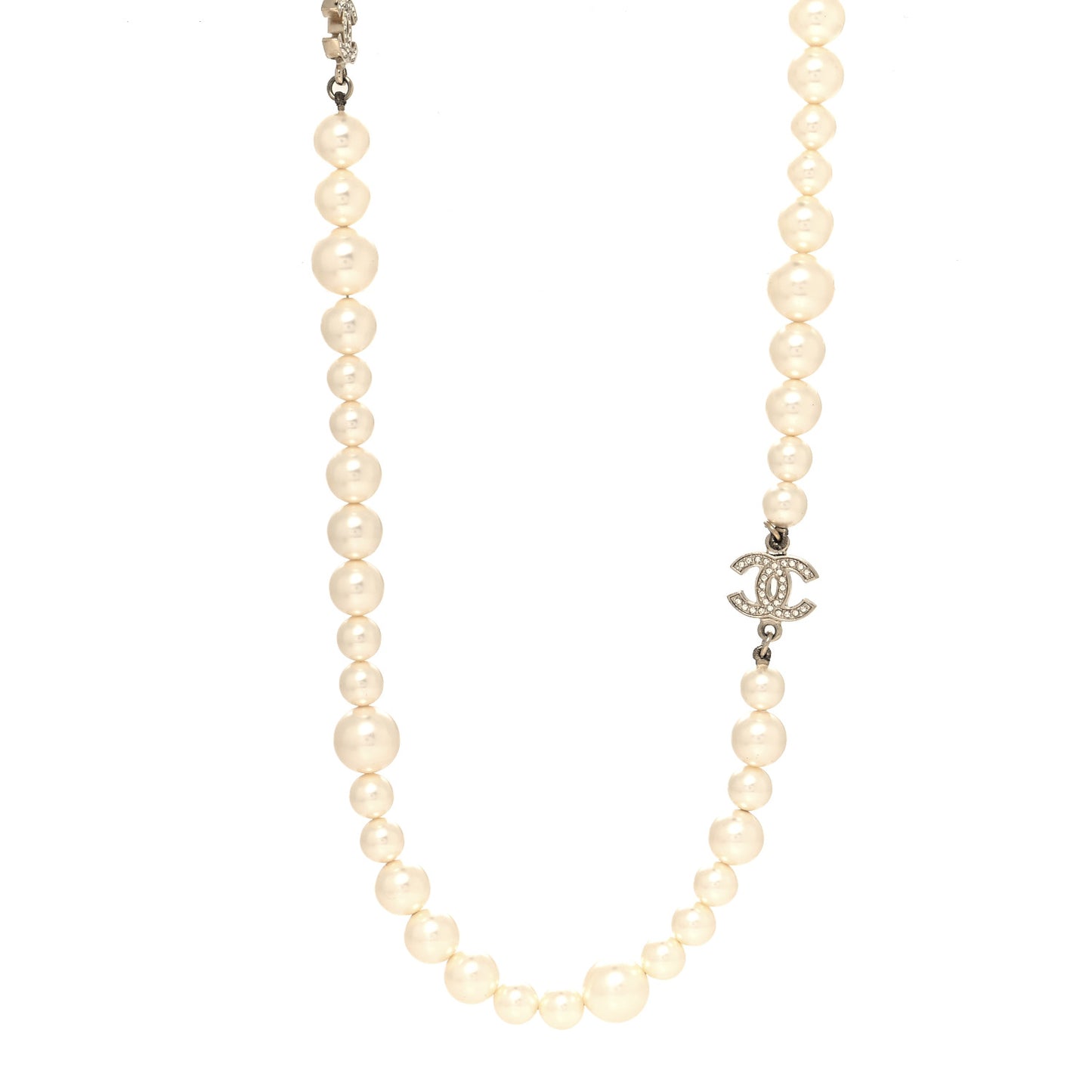 Graduated Pearl Crystal CC Long Necklace White
