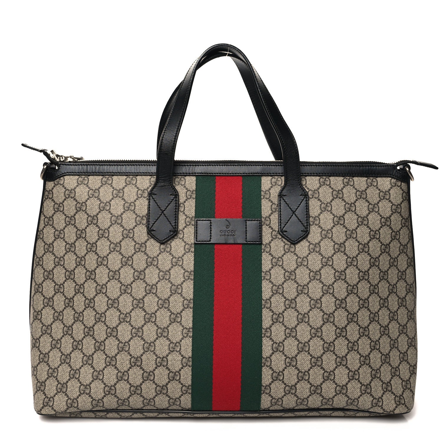 Gucci GG Supreme Monogram Web Medium Zippered Tote Beige Black 1 of 11