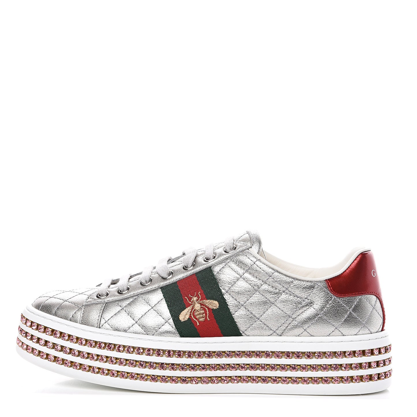 Laminated Nappa Crystal Web Bee Embroidered Trapuntata Womens Ace Platform Sneakers 37 Argento