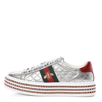 Gucci Laminated Nappa Crystal Web Bee Embroidered Trapuntata Womens Ace Platform Sneakers 37 Argento 1 of 8