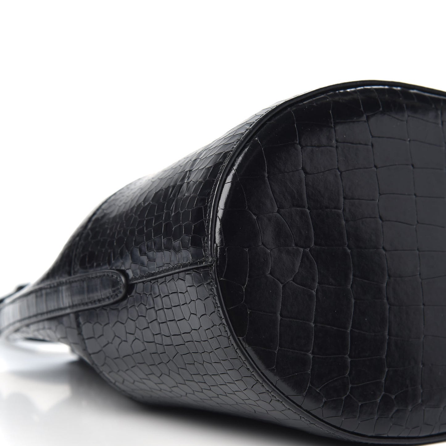 Calfskin Crocodile Embossed Drawstring Bucket Bag Black