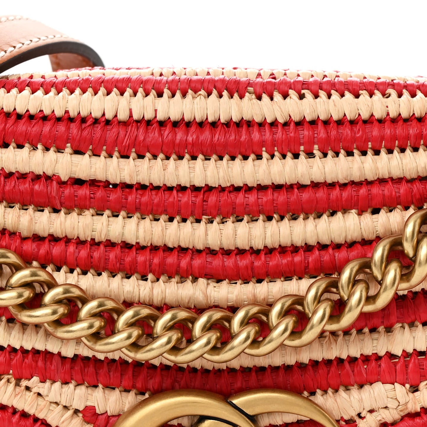 Raffia Woven Small GG Marmont Shoulder Bag Natural Hibiscus Red
