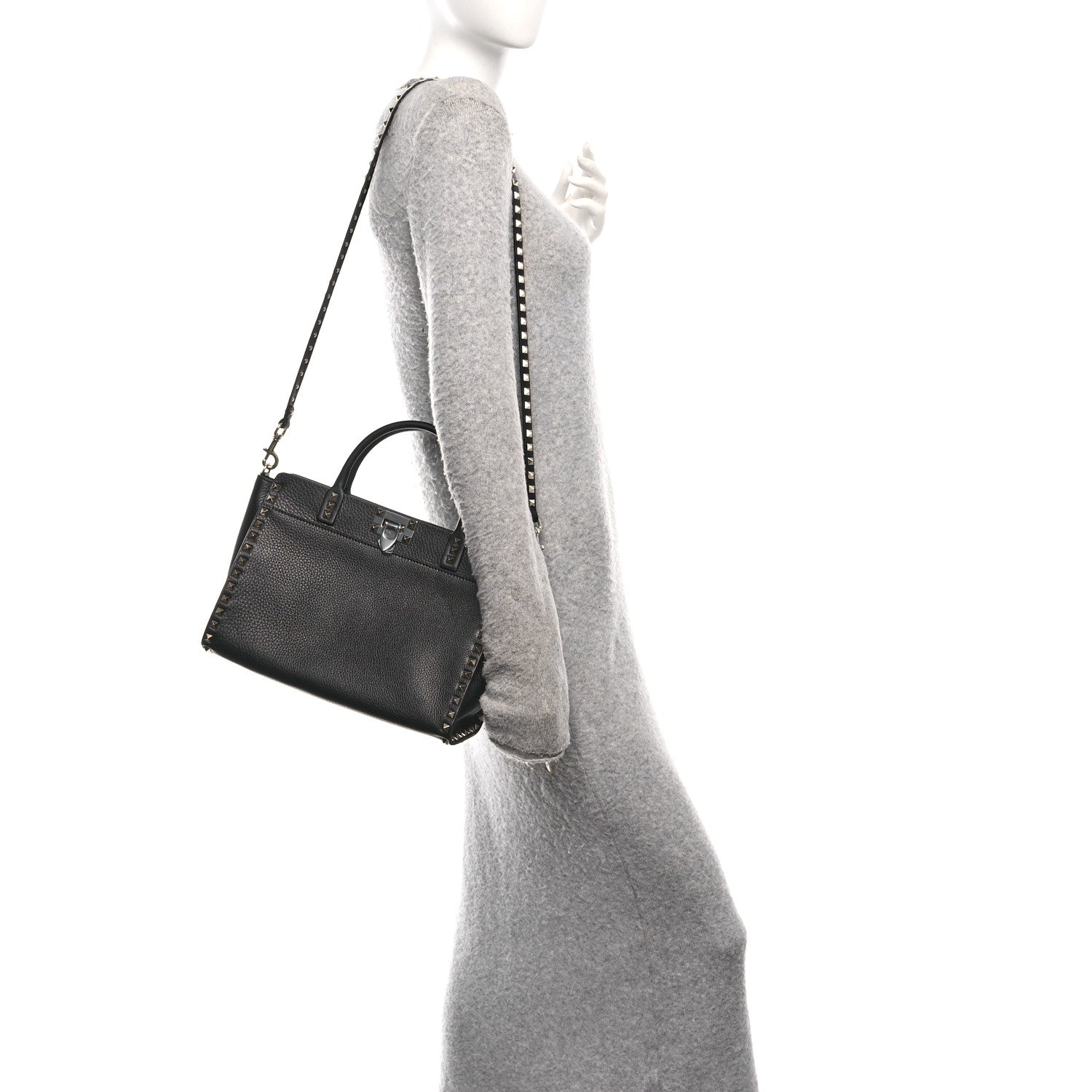 Valentino Garavani Pebbled Calfskin Rockstud Double Handle Tote  Black 2 of 9