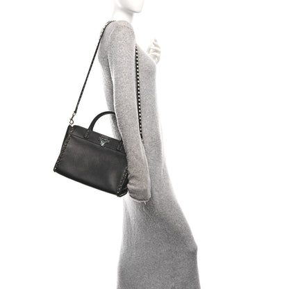 Valentino Garavani Pebbled Calfskin Rockstud Double Handle Tote  Black 2 of 9