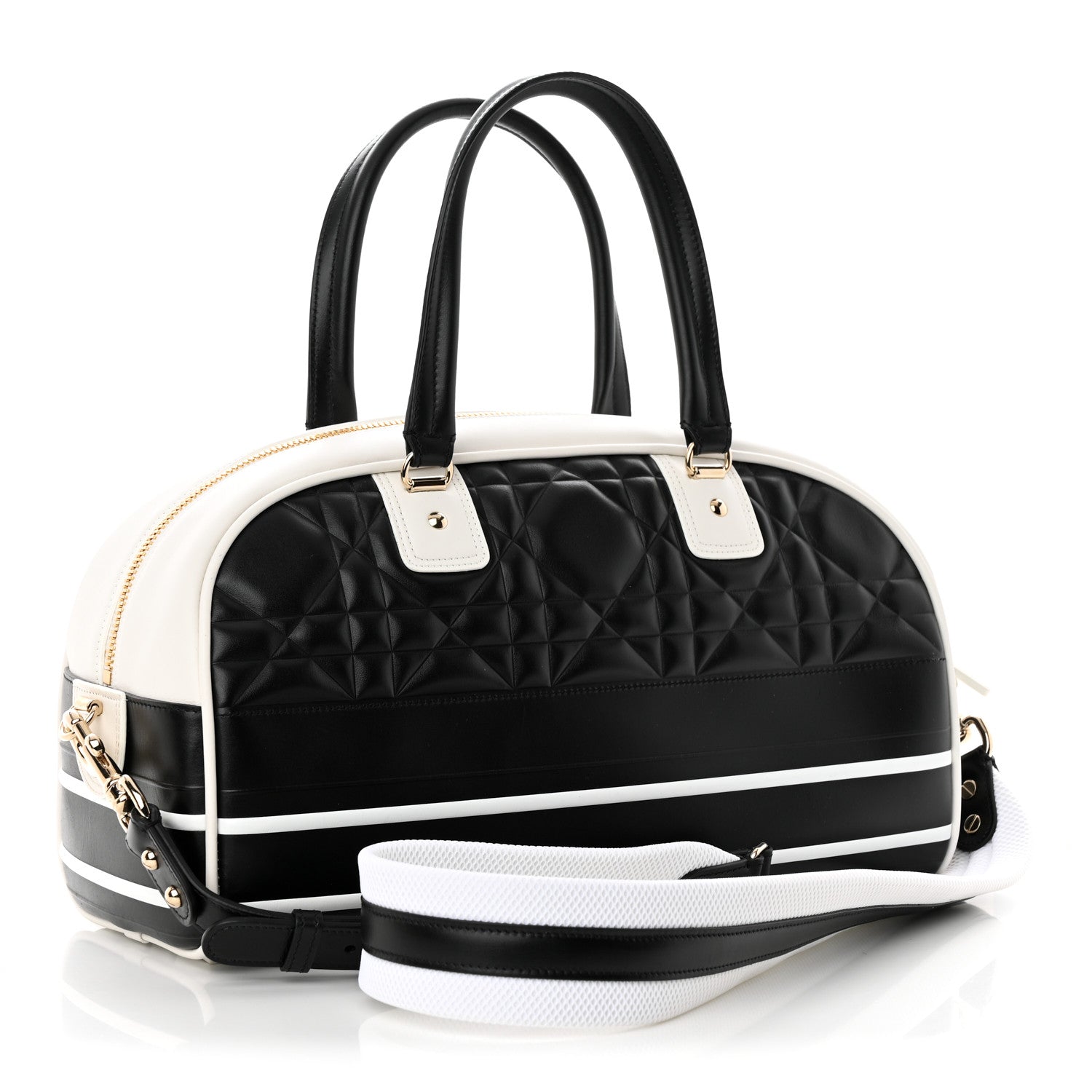 Christian Dior Lambskin Cannage Medium Dior Vibe Zip Bowling Bag Black White 3 of 17