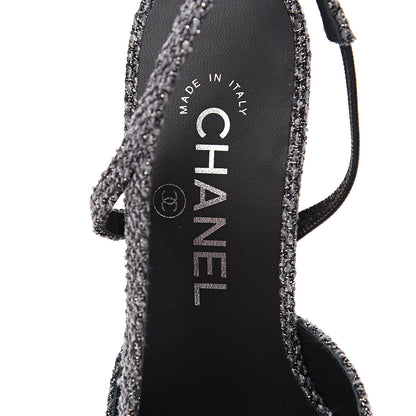 Chanel Tweed Cap Toe CC Slingback Pumps 36 Black Grey 6 of 9
