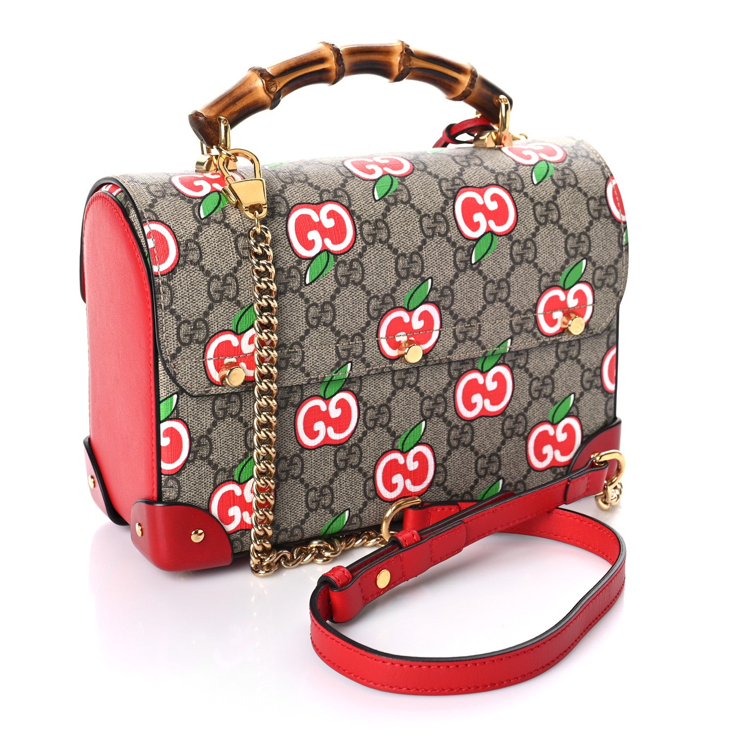 Gucci GG Supreme Monogram Apple Small Padlock Bamboo Shoulder Bag Beige Multicolor Lobster Red 3 of 9