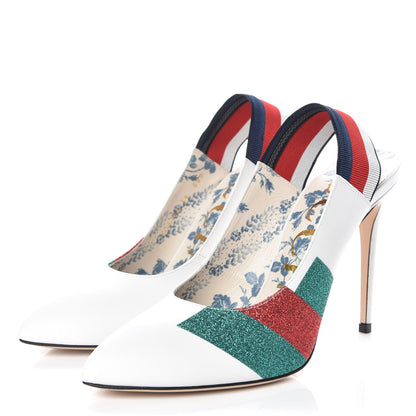 Gucci Calfskin Glitter Web High Heel Slingback Pumps 39 White 3 of 12