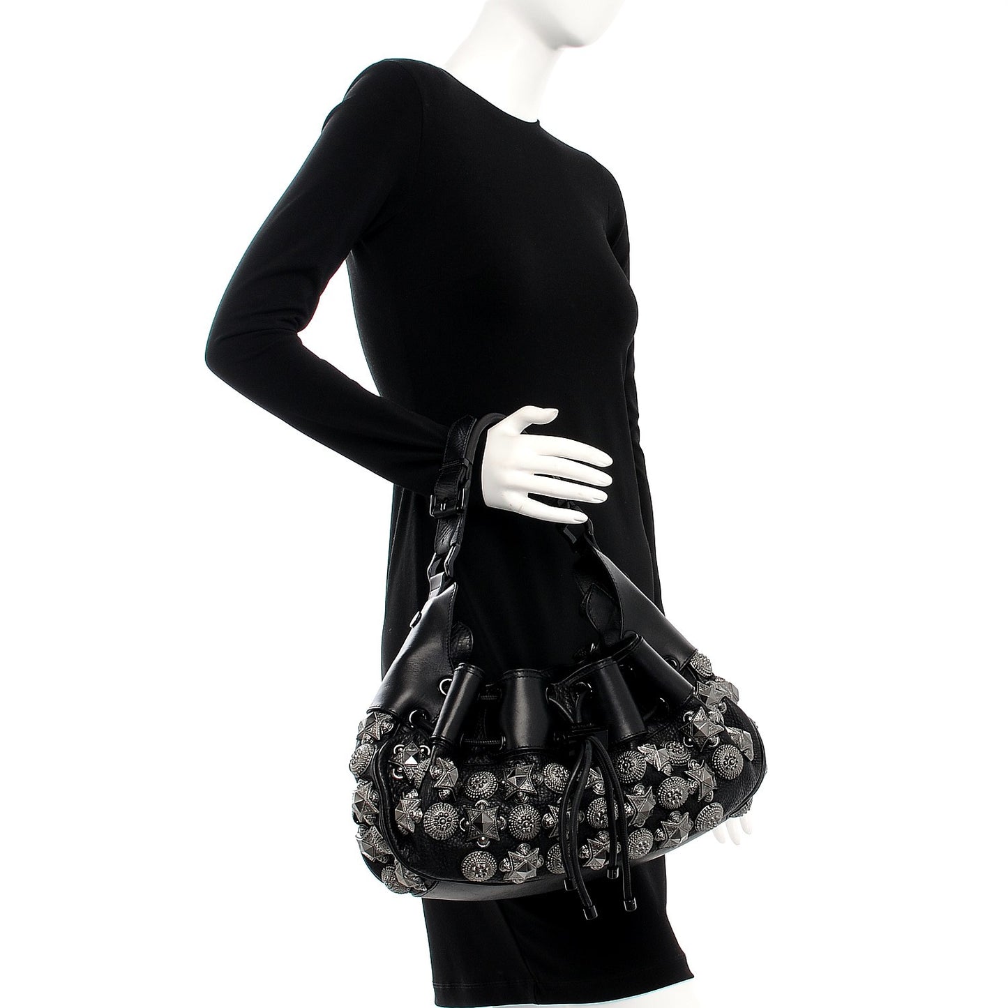 Calfskin Mason Warrior Studded Hobo Black