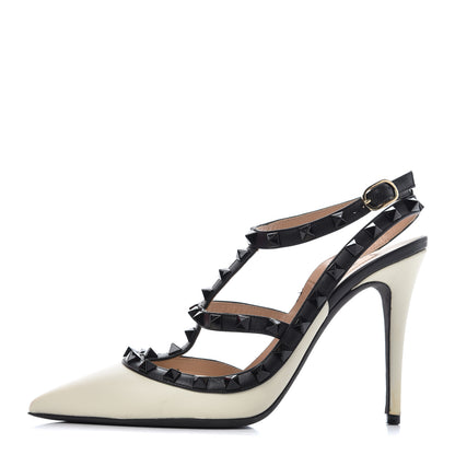 Valentino Garavani Calfskin Rockstud Ankle Strap 100mm Pumps 37.5 Light Ivory Black 1 of 24