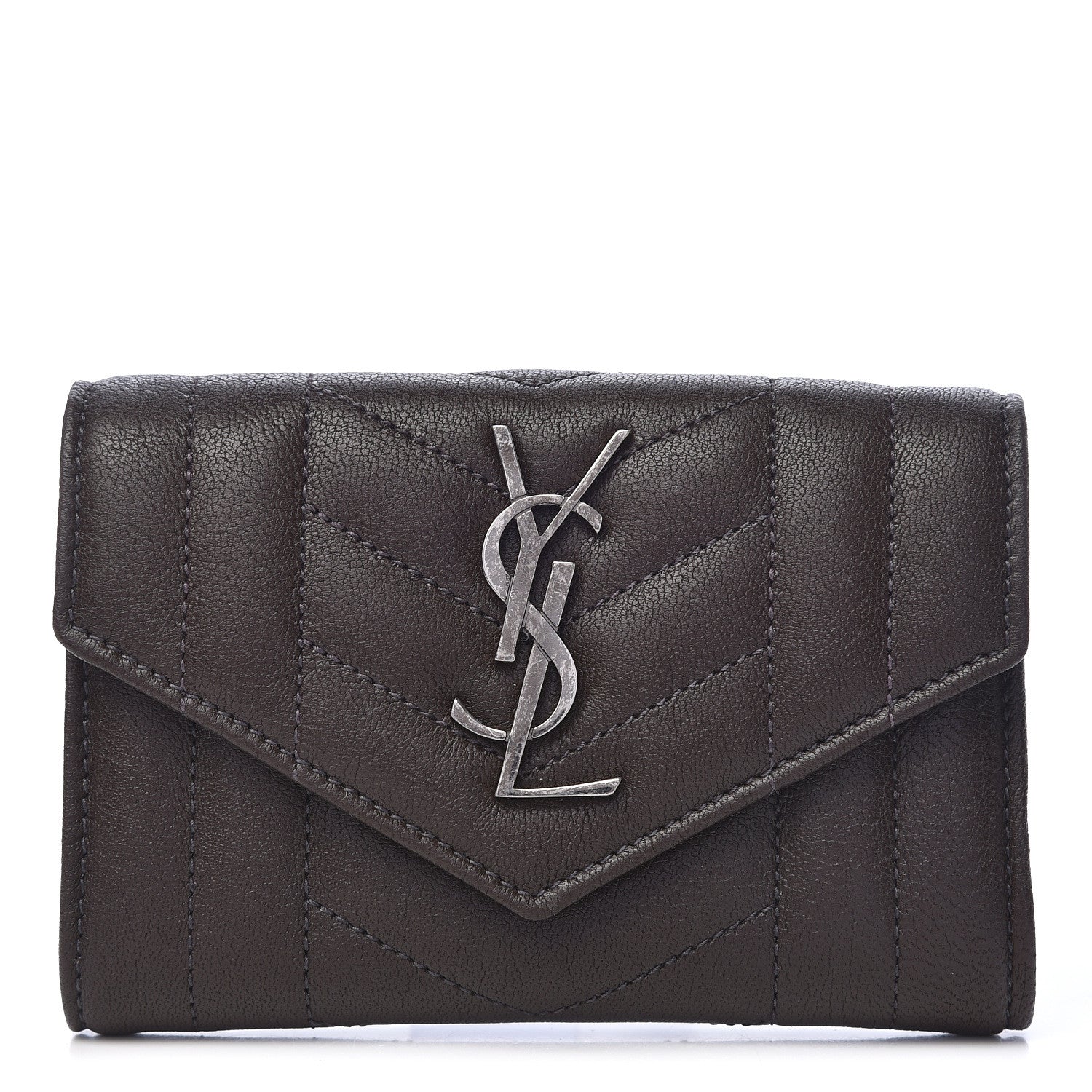 Saint Laurent Lambskin Mixed Matelasse Chevron Small Monogram Envelope Wallet Dark Brown 1 of 8